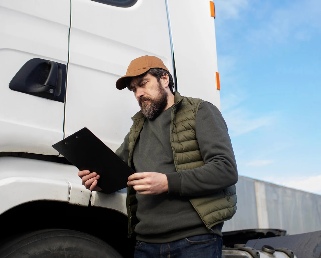 Driver checking a delivery manifest beside a cargo truck